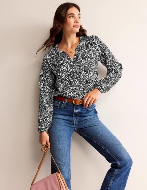 Boden Printed Gather-Detail Hemd Damen Schwarz | PXDKN-0472
