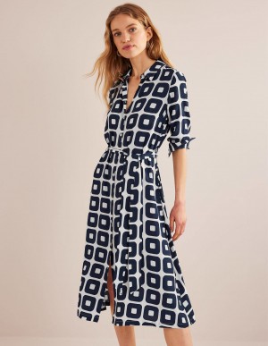 Boden Printed Midi Shirts Kleid Damen Navy | YFVAC-3428