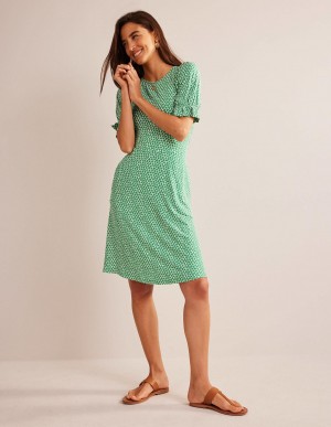 Boden Puff Sleeve Jersey Mini Kleid Damen Grün | ILCWF-5843