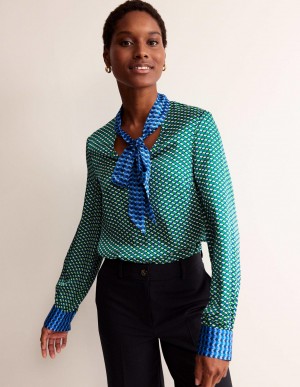 Boden Pussy-Bow Satin Blouse Oberteile Damen Hellgrün | JVEBY-7610