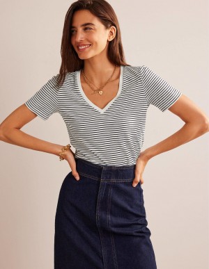 Boden Regular V-neck Slub T shirts Damen Weiß Navy | EKZCI-5896