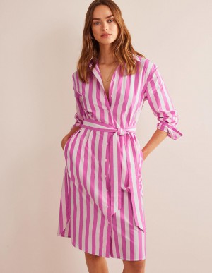 Boden Relaxed Baumwoll Shirts Kleid Damen Rosa Weiß | XUHFR-7156