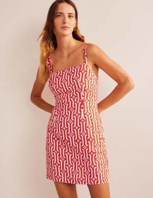 Boden Riemchen Linen Mini Kleid Damen Orange Azurblau | YKWVZ-5136