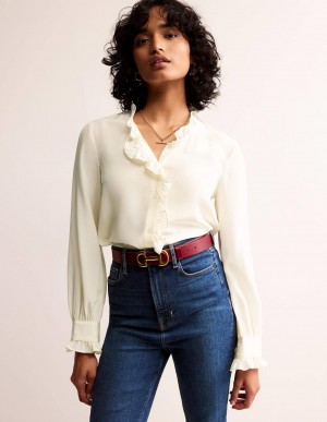 Boden Ruffle Neck Silk Oberteile Damen Weiß | OJZKG-6803