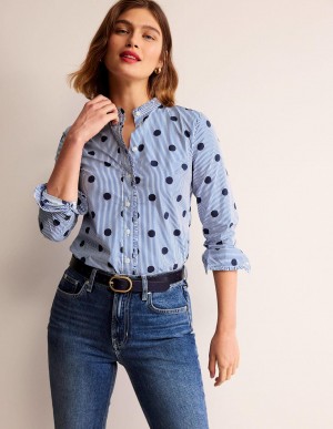 Boden Ruffled Baumwoll-Poplin Hemd Damen Navy | BSQXM-8273