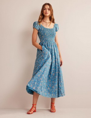 Boden Scoop-Neck Smocked Midi Kleid Damen Blau | NAZFP-2496