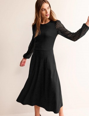 Boden Sleeve Detail Midi Kleid Damen Schwarz | IULHS-7065
