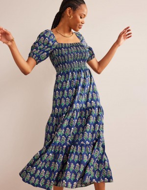 Boden Smocked Bodice Maxi Kleid Damen Navy | CIXPN-0963