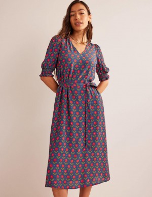 Boden Smocked Cuff Midi Kleid Damen Navy | RQKIB-8316