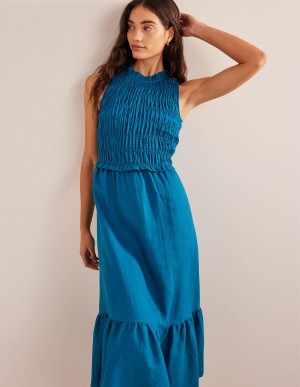Boden Smocked Linen Midi Kleid Damen Türkis | UCDQI-3892