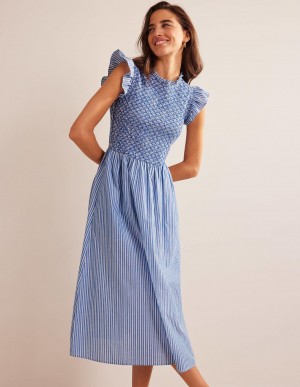 Boden Smocked Stripe Midi Kleid Damen Blau | SYBTW-1980
