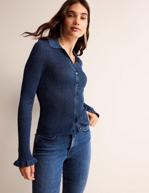 Boden Sparkle-Rib Collared Strickjacke Damen Blau | UDBCG-6957
