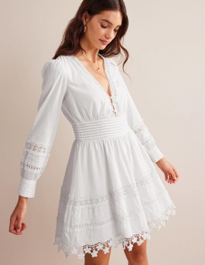 Boden Spitze Trim Mini Kleid Damen Weiß | LYIWP-8346