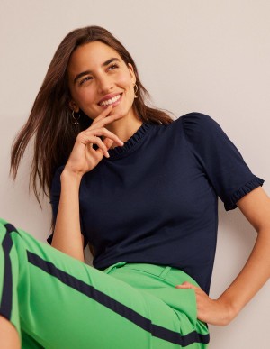 Boden Supersoft Frill Detail T shirts Damen Navy | RAQEO-6354
