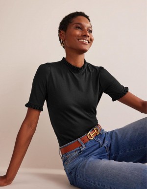 Boden Supersoft Frill Detail T shirts Damen Schwarz | CHUWB-1327