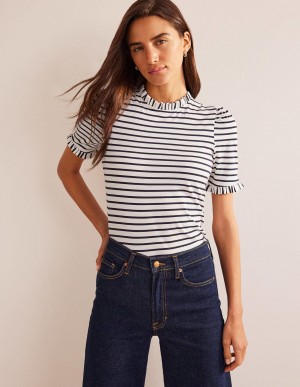 Boden Supersoft Frill Detail T shirts Damen Weiß Navy | VXIUG-7038