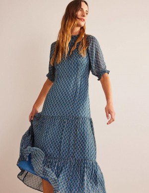 Boden Tie-Neck Tiered Maxi Kleid Damen Blau | NFJCY-7120