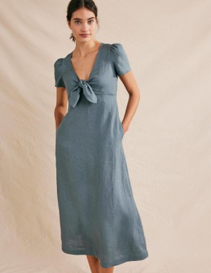 Boden Tie Front Linen Midi Kleid Damen Tiefesblau | GZAND-3690