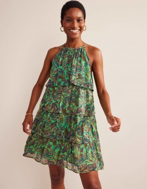 Boden Tiered Halterneck Kleid Damen Grün | NWODL-6192