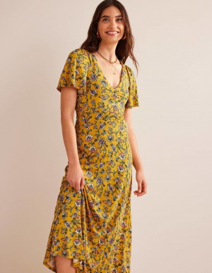 Boden V-Neck Jersey Midi Kleid Damen Senfgelb | WEGPC-9357