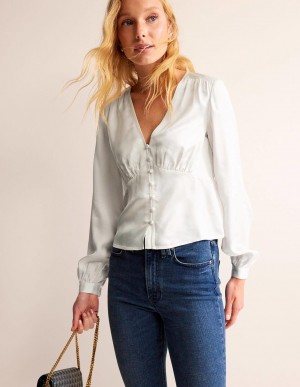 Boden V-Neck Tea Blouse Oberteile Damen Weiß | CTSZH-9187