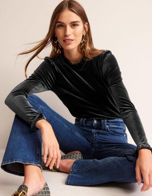 Boden Velvet Frill-Trim Oberteile Damen Schwarz | MHIZJ-9027