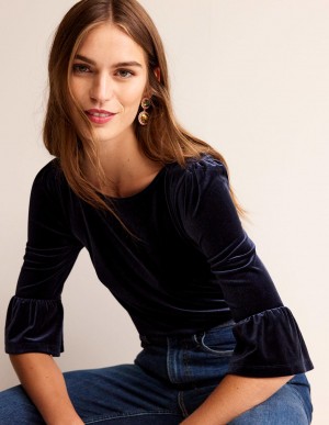 Boden Velvet Ruffle-Cuff Oberteile Damen Navy | GQJLH-9760