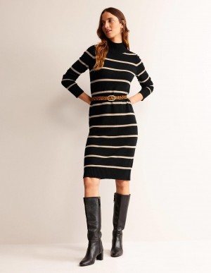 Boden Verity Gestrickt Kleid Damen Schwarz Braun | QCEKH-1367