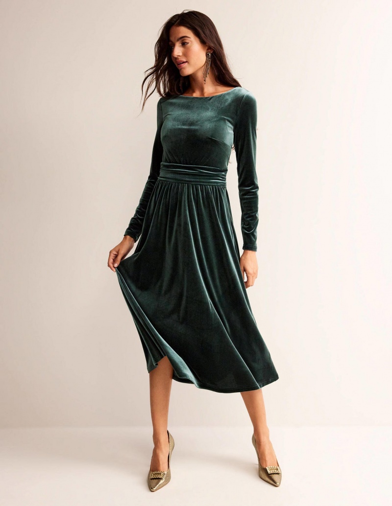 Boden Abigail Velvet Midi Kleid Damen Grün | AJPWE-9614