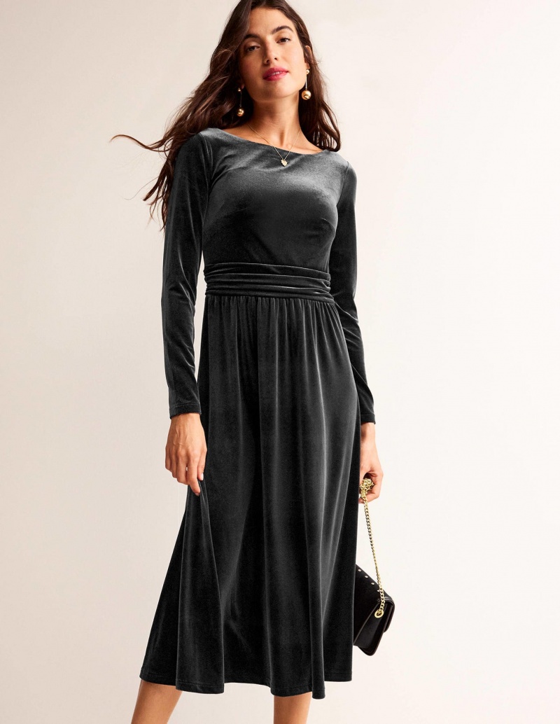 Boden Abigail Velvet Midi Kleid Damen Schwarz | NGQWO-6703