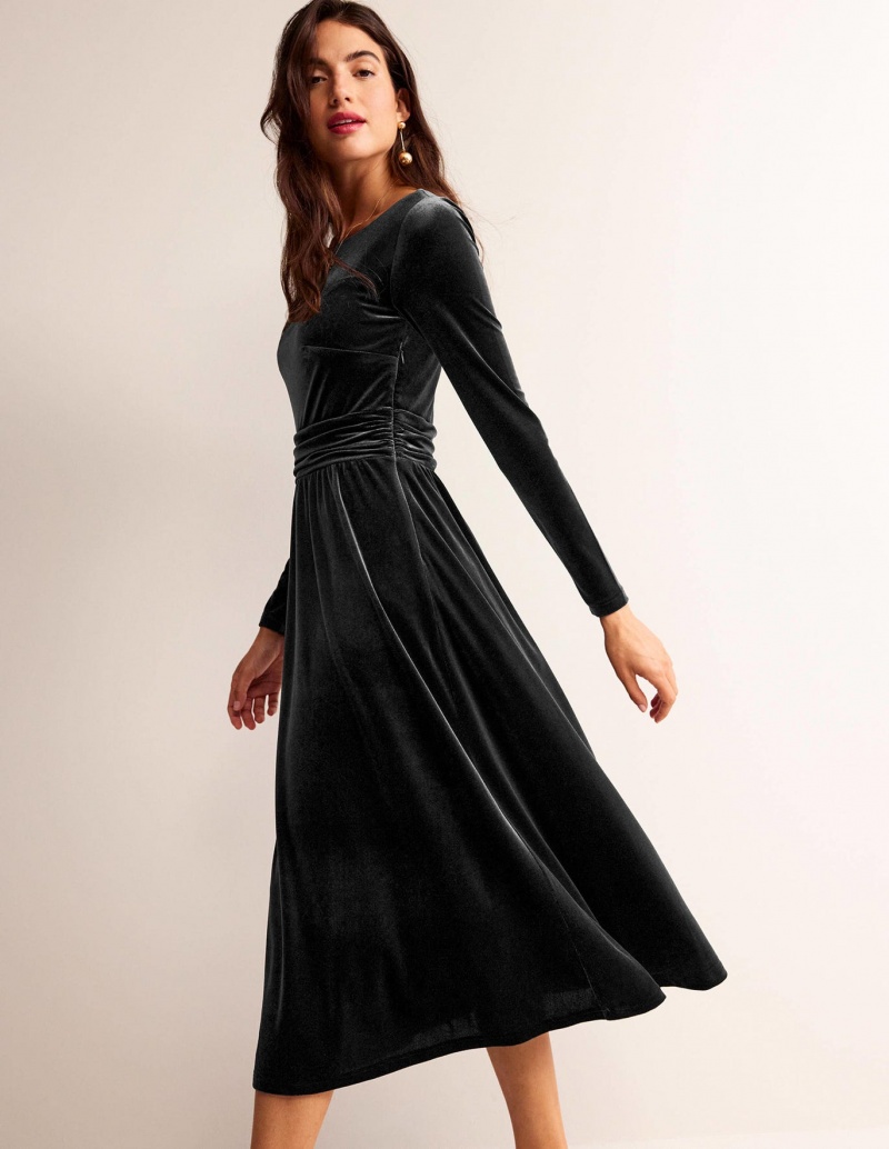 Boden Abigail Velvet Midi Kleid Damen Schwarz | NGQWO-6703