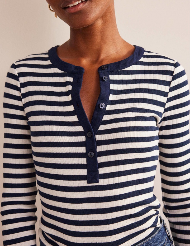 Boden Anna Rib Henley T shirts Damen Navy Weiß | LOAGS-9287