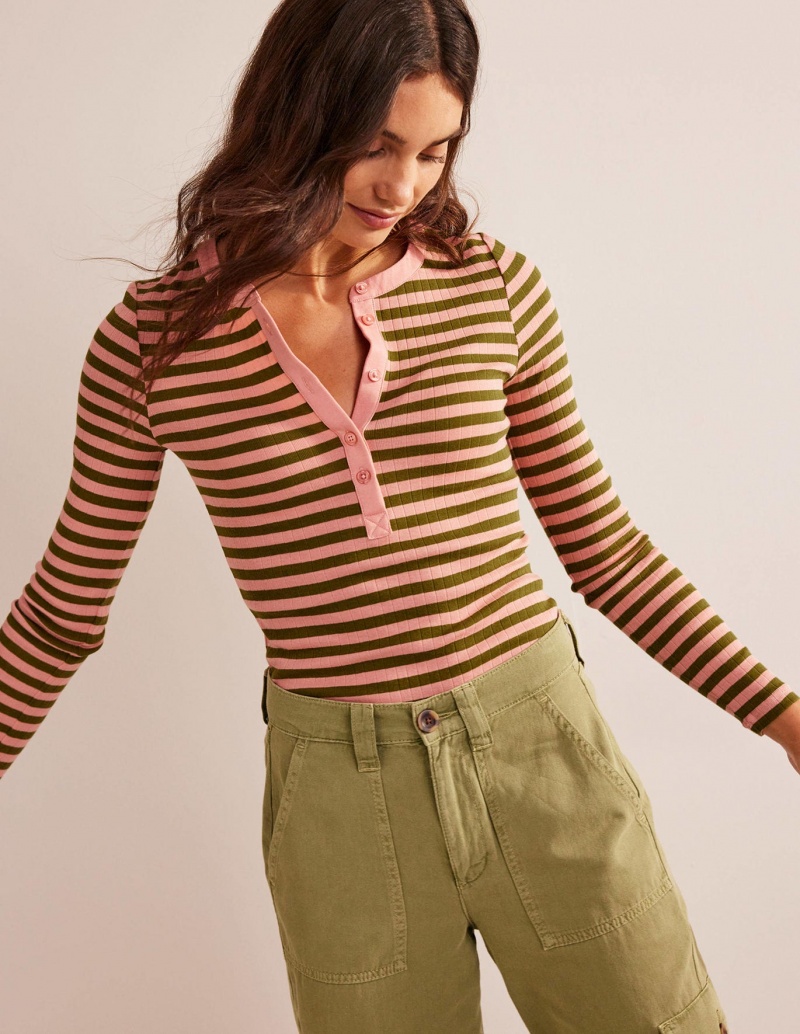 Boden Anna Rib Henley T shirts Damen Rosa Olivgrün Grün | ZBPRI-0392