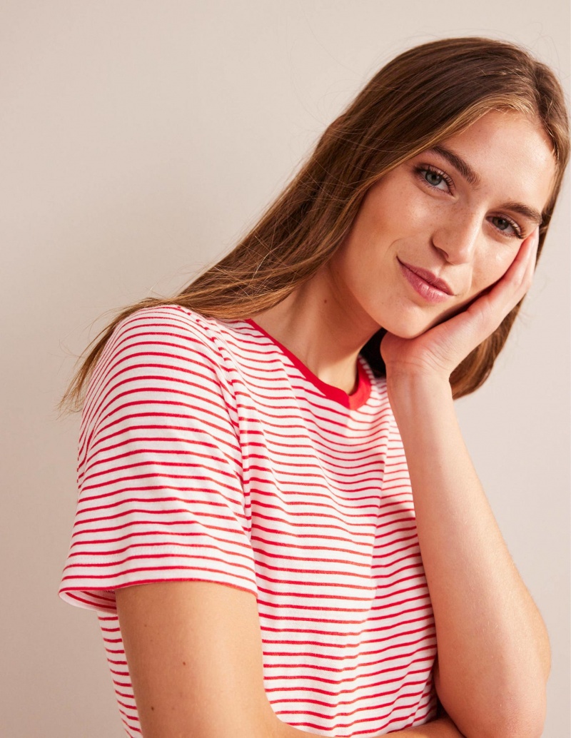 Boden Baumwoll Crew Neck T shirts Damen Weiß Rot | WJNSX-9380