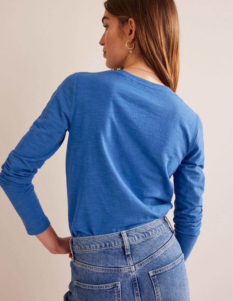 Boden Baumwoll V-Neck Long Sleeve Oberteile Damen Blau | CHNUZ-6130