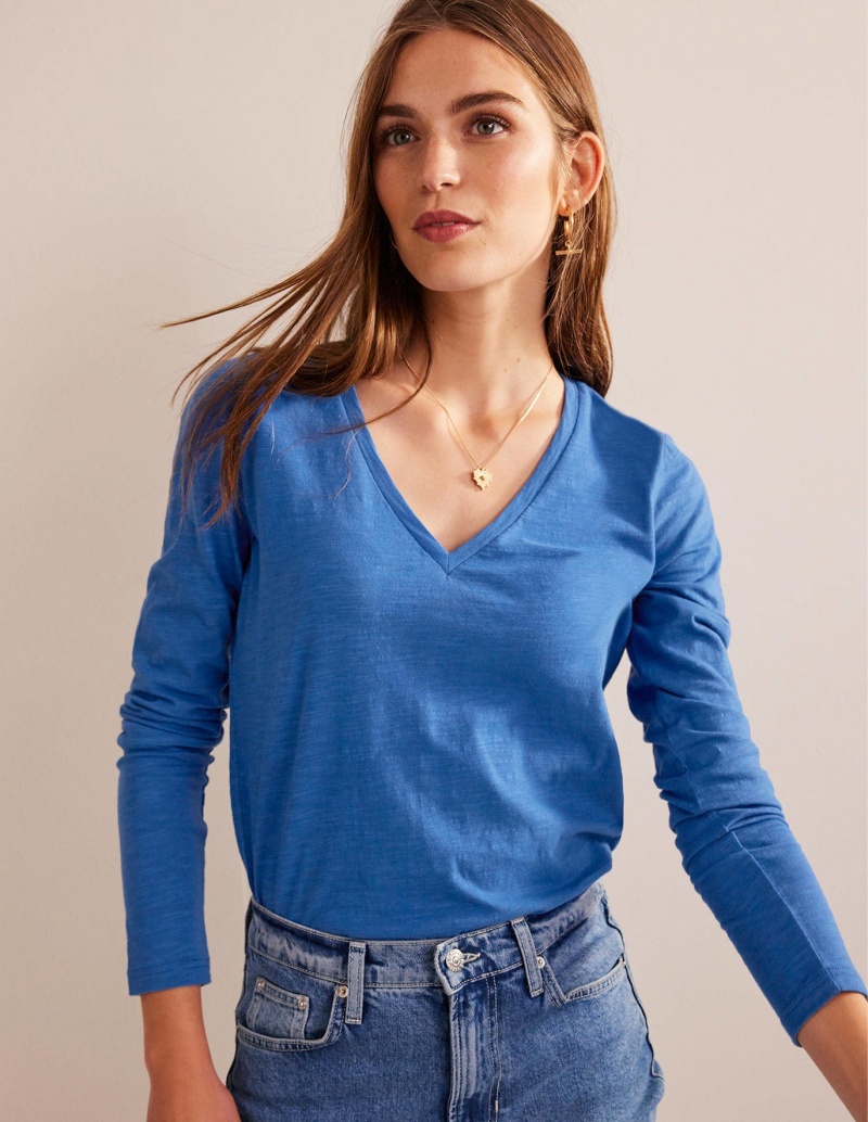 Boden Baumwoll V-Neck Long Sleeve Oberteile Damen Blau | CHNUZ-6130