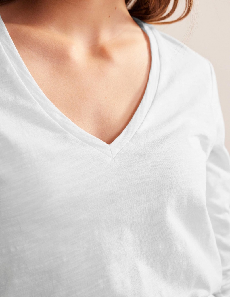 Boden Baumwoll V-Neck Long Sleeve Oberteile Damen Weiß | YUIFP-9756