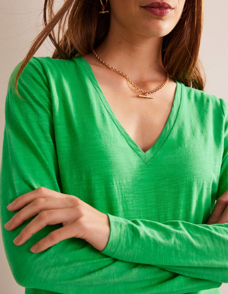 Boden Baumwoll V-Neck Long Sleeve Oberteile Damen Hellgrün | XNPAW-7842