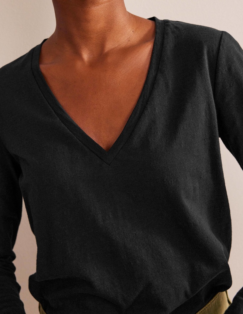 Boden Baumwoll V-Neck Long Sleeve Oberteile Damen Schwarz | MBUFX-0134