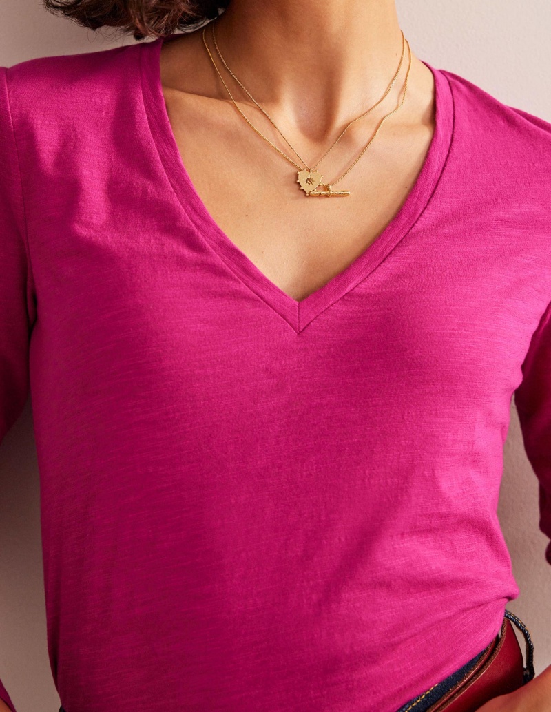 Boden Baumwoll V-Neck Long Sleeve Oberteile Damen Fuchsie | HXWDU-4729