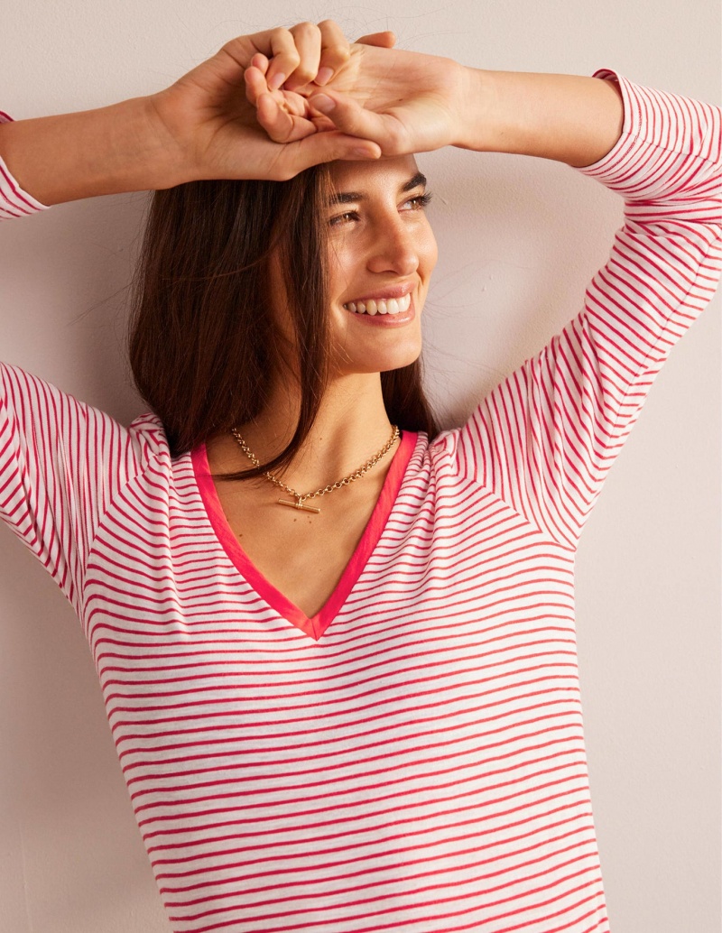 Boden Baumwoll V-Neck Long Sleeve Oberteile Damen Weiß Rot | SRPWZ-8295
