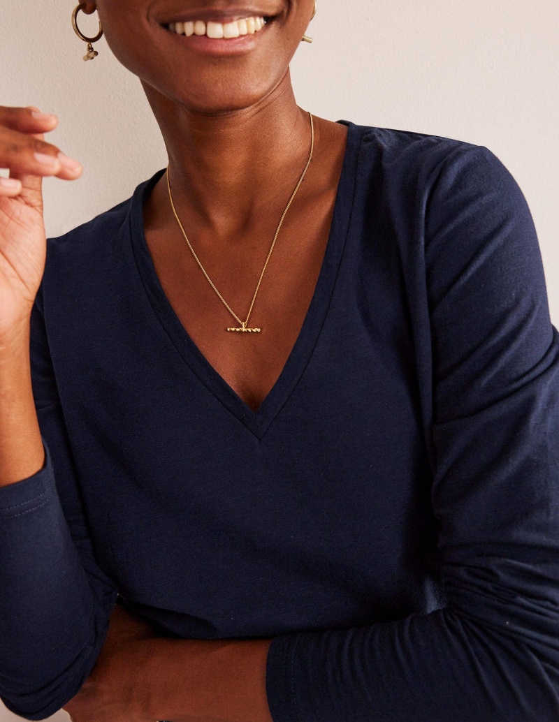 Boden Baumwoll V-Neck Long Sleeve Oberteile Damen Navy | IFMLO-5923
