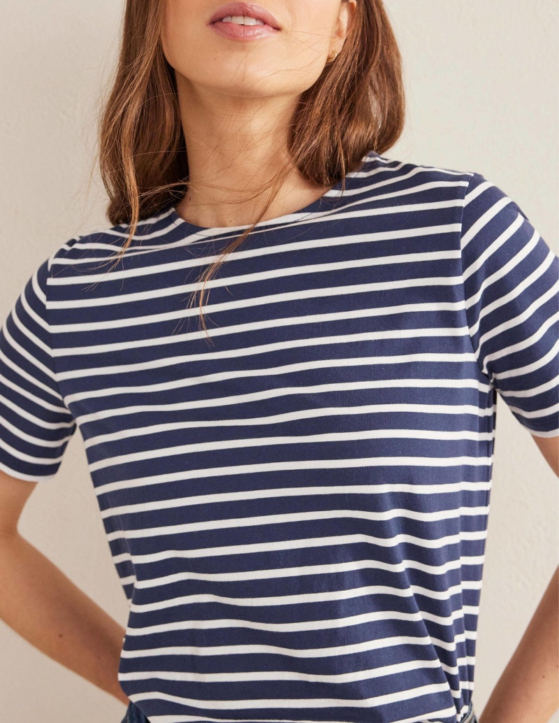 Boden Bea Kurzes Sleeve Breton T shirts Damen Navy Weiß | PAWJL-8064