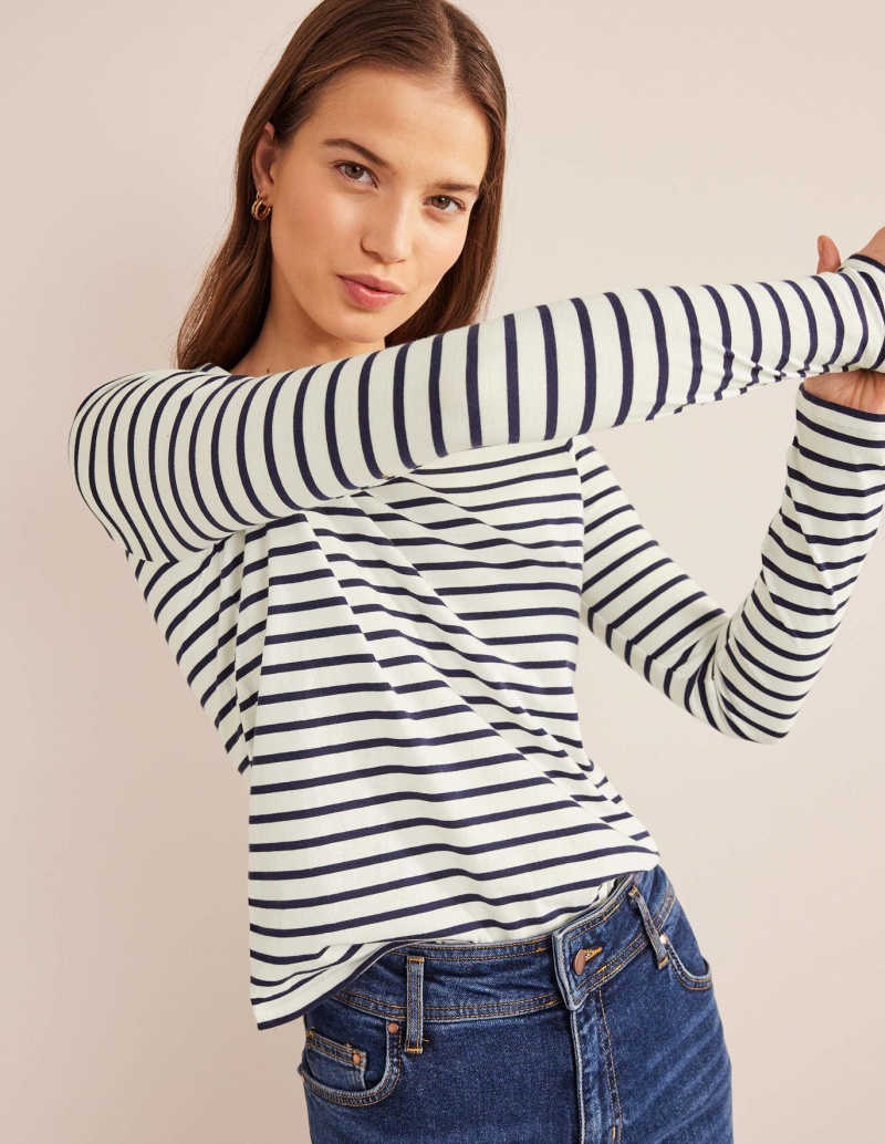 Boden Bea Long Sleeve Breton Oberteile Damen Weiß Navy | EOPJV-6482