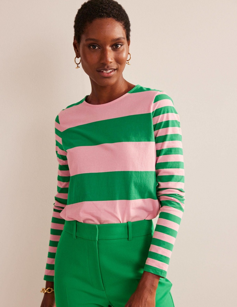 Boden Bea Long Sleeve Breton T shirts Damen Rosa Grün | MRLZE-6824