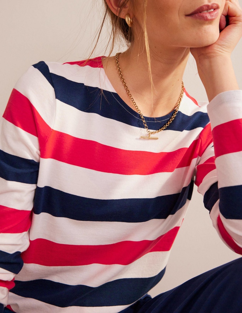 Boden Bea Long Sleeve Breton T shirts Damen Rosa Rot Navy | ISLWU-6027