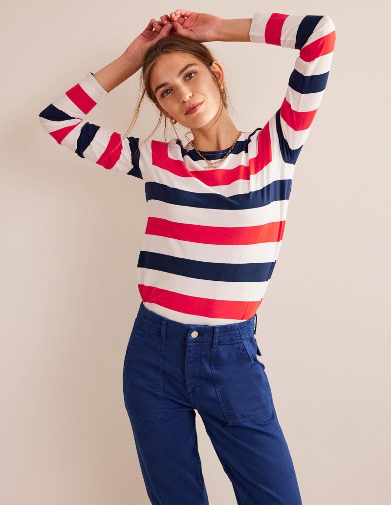 Boden Bea Long Sleeve Breton T shirts Damen Rosa Rot Navy | ISLWU-6027
