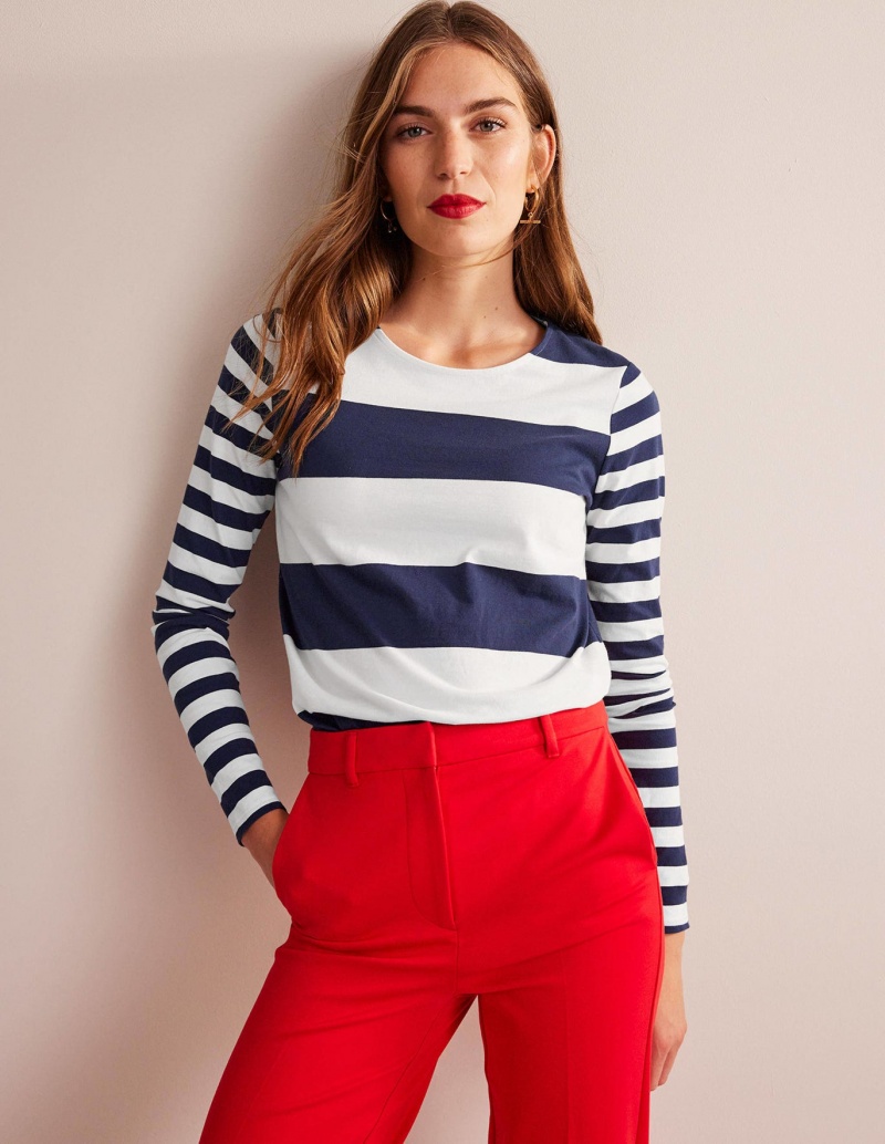 Boden Bea Long Sleeve Breton T shirts Damen Navy Weiß | NLTIE-8257