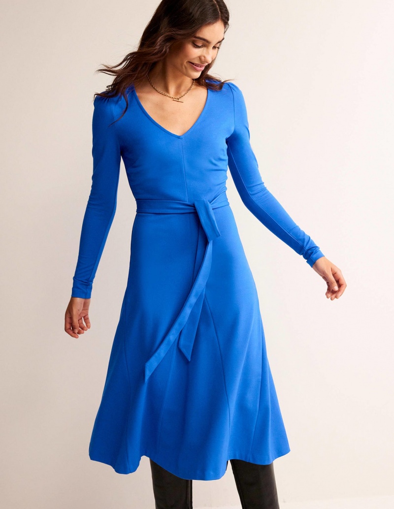 Boden Bella Ponte V-Neck Midi Kleid Damen Hellblau | FYZBC-5379