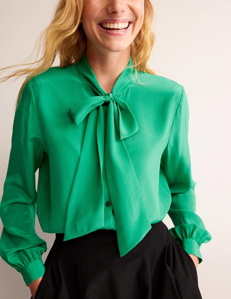 Boden Bow-Neck Button-Down Blouse Oberteile Damen Grün | FHZKD-9103